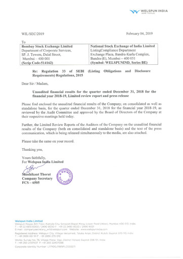 Thumbnail Welspun India Quarterly Report 2018-q3