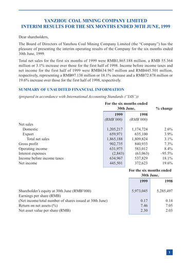 Thumbnail Yankuang Energy (Yanzhou Coal Mining) Half-year Report 1999-h1