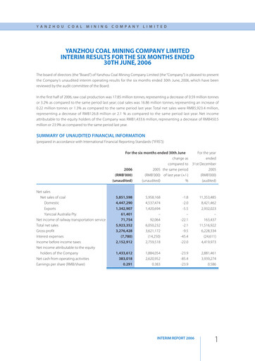 Thumbnail Yankuang Energy (Yanzhou Coal Mining) Half-year Report 2006-h1
