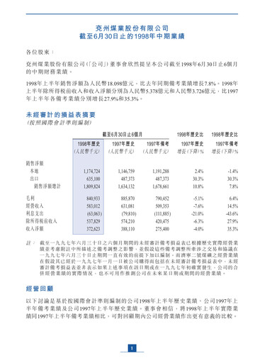 Thumbnail Yankuang Energy (Yanzhou Coal Mining) Half-year Report 1998-h1