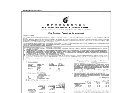 Miniature Yankuang Energy (Yanzhou Coal Mining) Rapport trimestriel 2006-q1