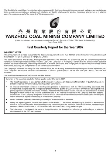 Miniature Yankuang Energy (Yanzhou Coal Mining) Rapport trimestriel 2007-q1
