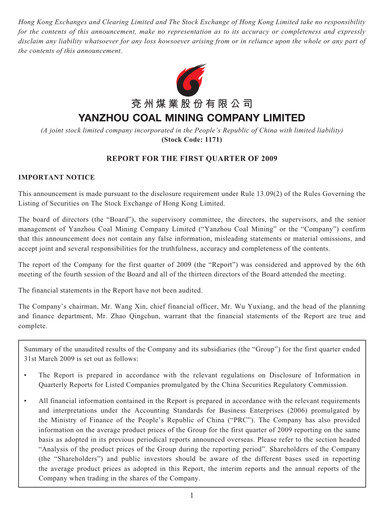Miniature Yankuang Energy (Yanzhou Coal Mining) Rapport trimestriel 2009-q1
