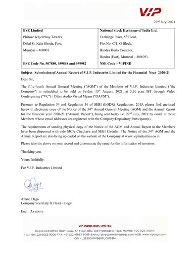 Vorschaubild VIP Industries
 Jahresbericht 2020-2021