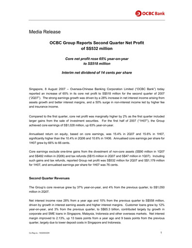 Thumbnail OCBC Bank Financial Statement 2007-h1