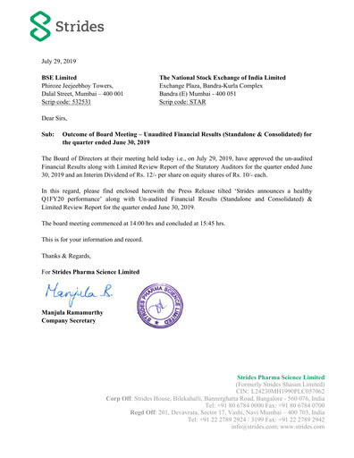 Thumbnail Strides Pharma Quarterly Report 2019-q1