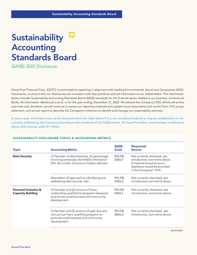 Miniature OceanFirst Financial Rapport ESG 2022