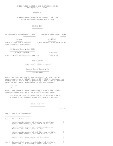 Thumbnail Cummins
 Quarterly Report 2001-q1
