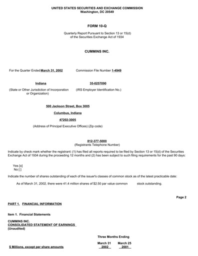 Thumbnail Cummins
 Quarterly Report 2002-q1