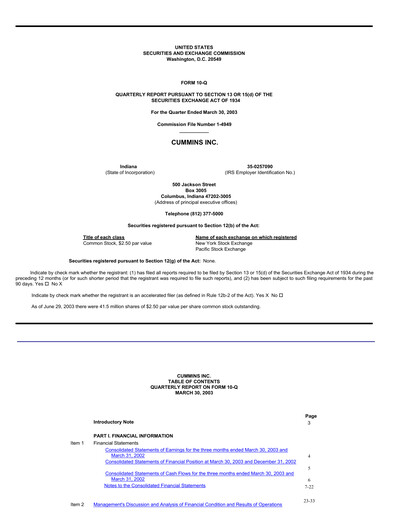 Thumbnail Cummins
 Quarterly Report 2003-q1