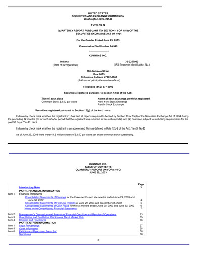 Thumbnail Cummins
 Quarterly Report 2003-q2