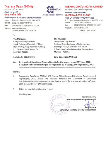 Miniature Mishra Dhatu Nigam Rapport trimestriel 2018-q1