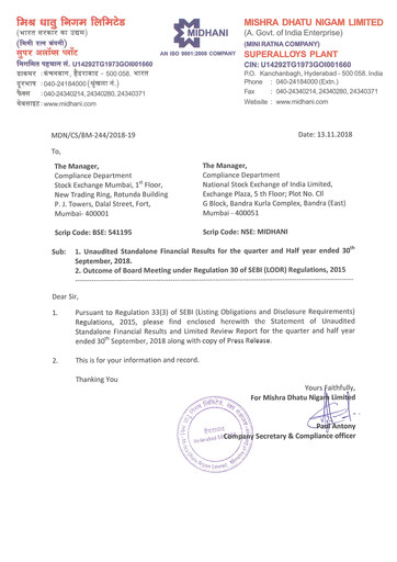 Miniature Mishra Dhatu Nigam Rapport trimestriel 2018-q2