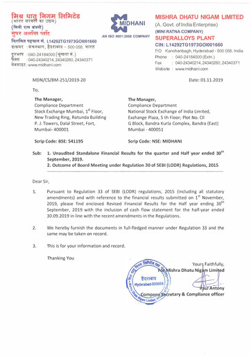 Miniature Mishra Dhatu Nigam Rapport trimestriel 2019-q2