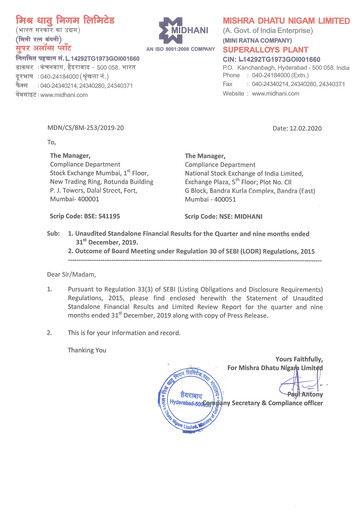 Miniature Mishra Dhatu Nigam Rapport trimestriel 2019-q3