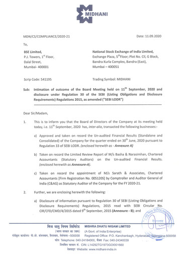Miniature Mishra Dhatu Nigam Rapport trimestriel 2020-q1