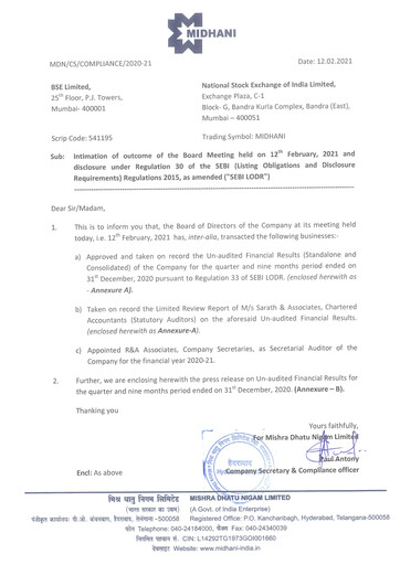 Miniature Mishra Dhatu Nigam Rapport trimestriel 2020-q3