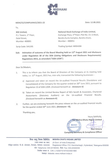 Thumbnail Mishra Dhatu Nigam Quarterly Report 2021-q1