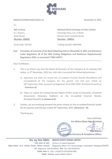 Miniature Mishra Dhatu Nigam Rapport trimestriel 2021-q2