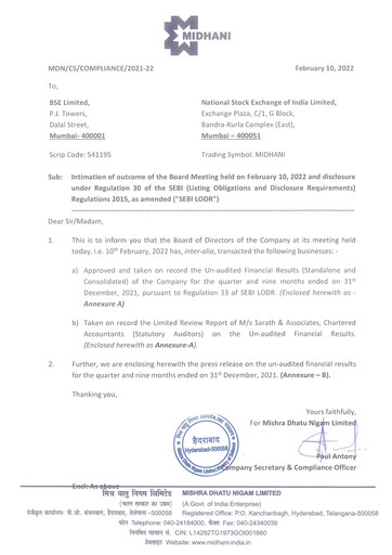 Miniature Mishra Dhatu Nigam Rapport trimestriel 2021-q3