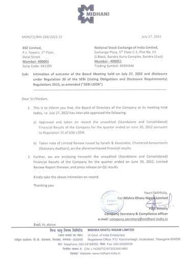 Thumbnail Mishra Dhatu Nigam Quarterly Report 2022-q1