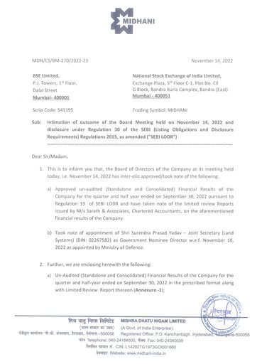 Thumbnail Mishra Dhatu Nigam Quarterly Report 2022-q2