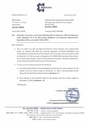 Thumbnail Mishra Dhatu Nigam Quarterly Report 2022-q3