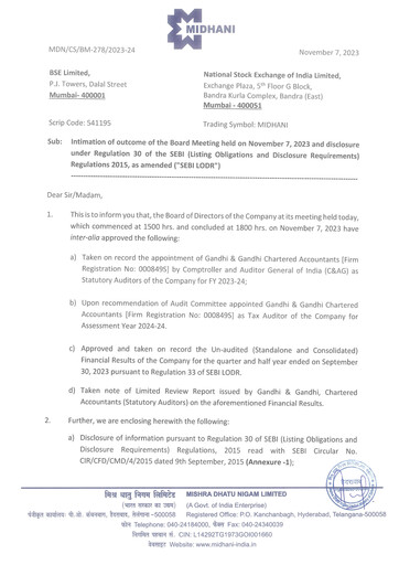 Miniature Mishra Dhatu Nigam Rapport trimestriel 2023-q2