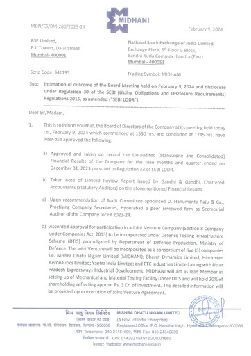 Miniature Mishra Dhatu Nigam Rapport trimestriel 2023-q3