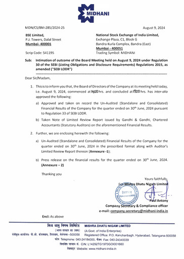 Thumbnail Mishra Dhatu Nigam Quarterly Report 2024-q1