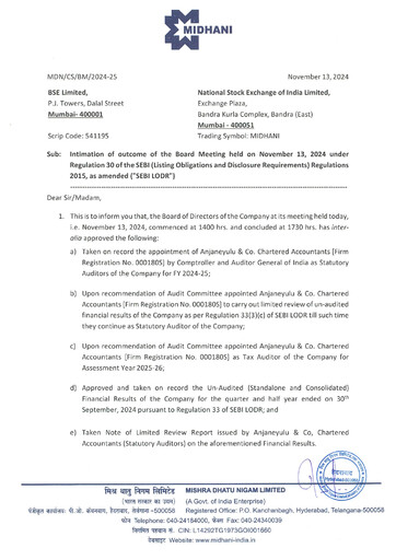 Miniature Mishra Dhatu Nigam Rapport trimestriel 2024-q2