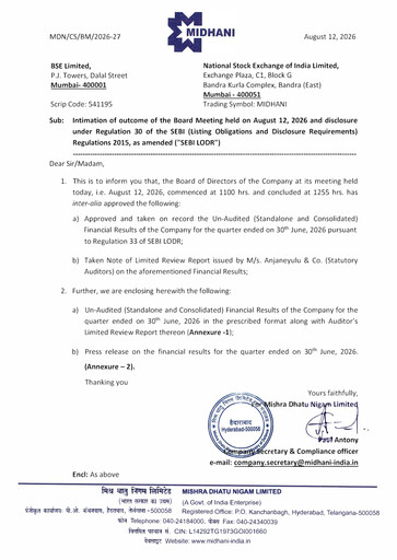 Miniature Mishra Dhatu Nigam Rapport trimestriel 2026-q1