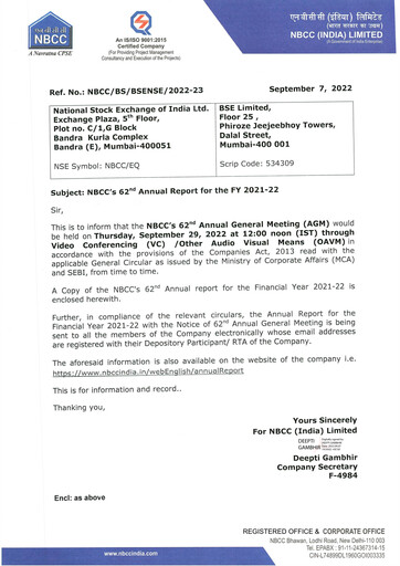Thumbnail NBCC India Annual Report 2021-2022