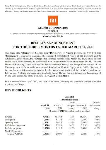Thumbnail Xiaomi Financial Statement 2020-q1