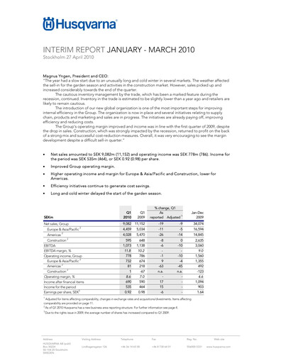 Thumbnail Husqvarna Quarterly Report 2010-q1