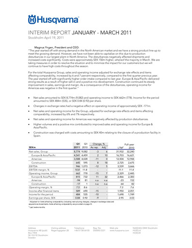 Thumbnail Husqvarna Quarterly Report 2011-q1