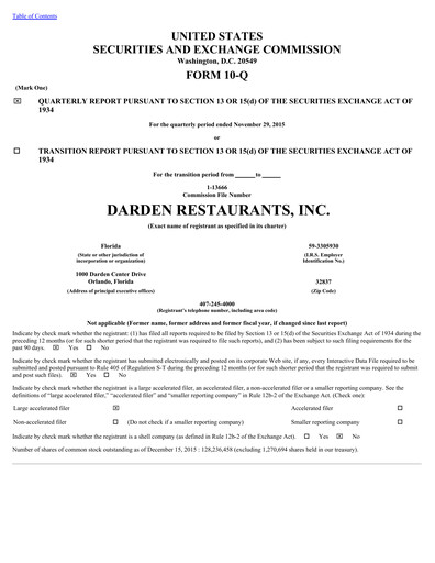 Thumbnail Darden Restaurants
 Quarterly Report 2016-q2