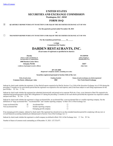 Thumbnail Darden Restaurants
 Quarterly Report 2022-q2