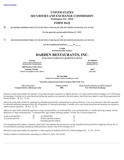 Thumbnail Darden Restaurants
 Quarterly Report 2022-q3