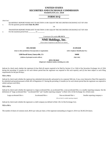 Miniature NMI Holdings
 Rapport trimestriel 2014-q2