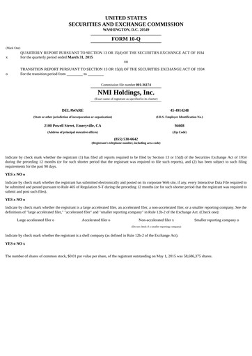 Miniature NMI Holdings
 Rapport trimestriel 2015-q1