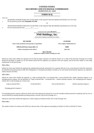 Miniature NMI Holdings
 Rapport trimestriel 2018-q3