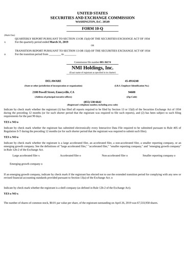 Miniature NMI Holdings
 Rapport trimestriel 2019-q1