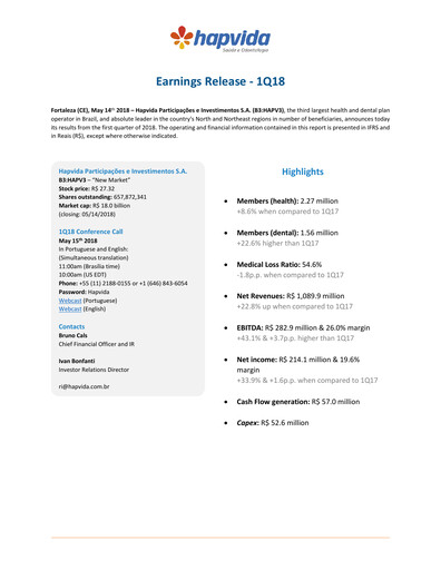 Thumbnail Hapvida Quarterly Report 2018-q1