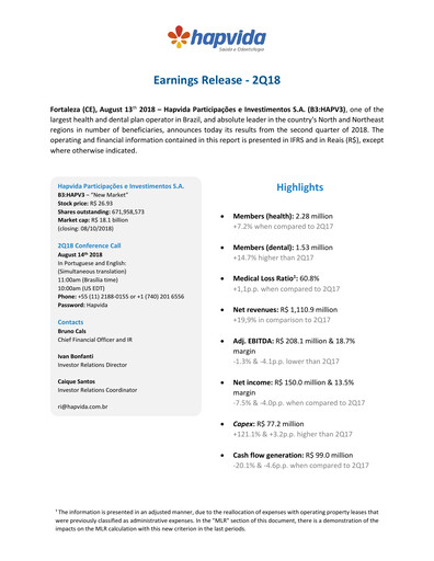 Thumbnail Hapvida Quarterly Report 2018-q2