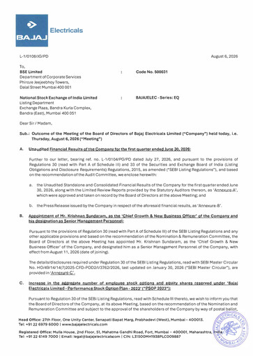 Miniature Bajaj Electricals
 Rapport trimestriel 2026-q1