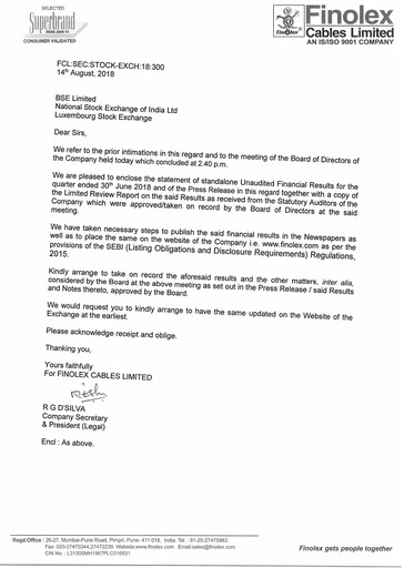 Vorschaubild Finolex Cables
 Quartalsbericht 2018-q1