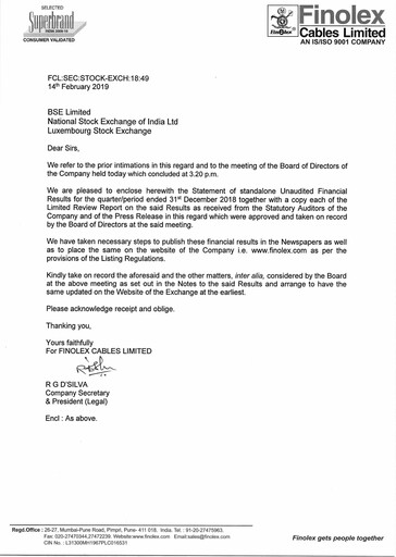 Vorschaubild Finolex Cables
 Quartalsbericht 2018-q3