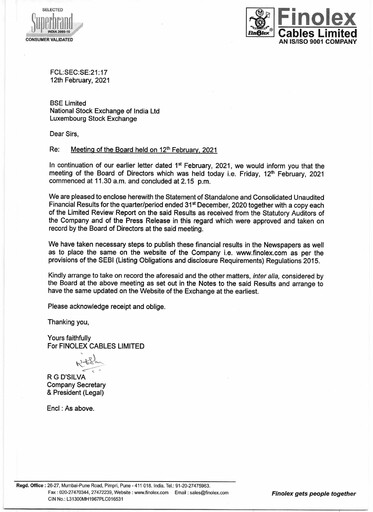 Vorschaubild Finolex Cables
 Quartalsbericht 2020-q3