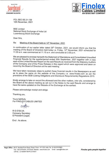 Vorschaubild Finolex Cables
 Quartalsbericht 2021-q2